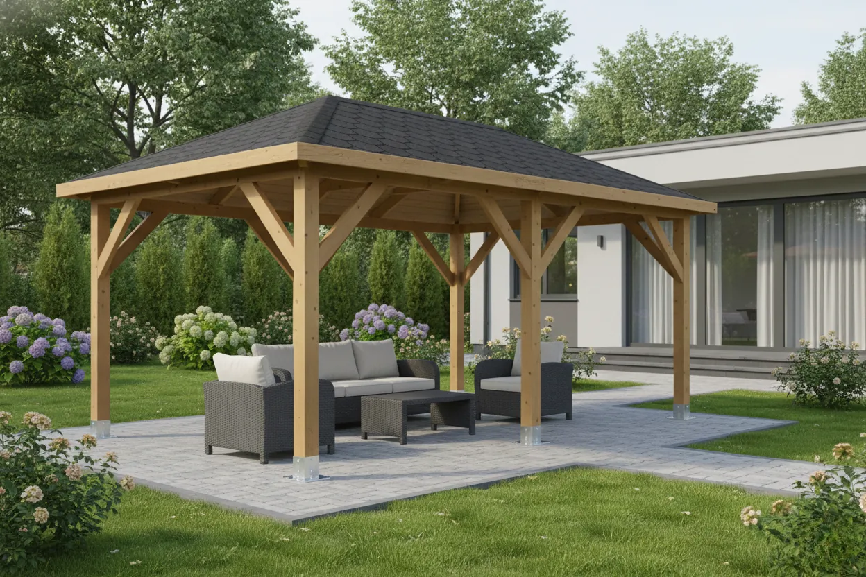 Moderní dřevěná zahradní pergola s posezením na terase.