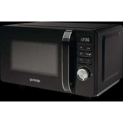 Černá volně stojící mikrovlnná trouba značky Gorenje s digitálním displejem.