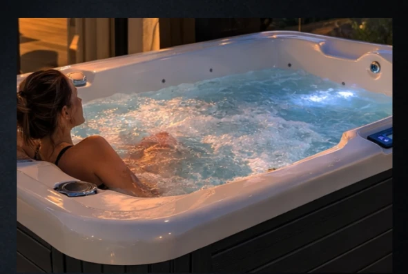 Žena relaxuje v venkovní vířivce na balkoně.