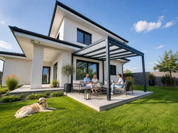 Moderní hliníková pergola s venkovním posezením u domu.