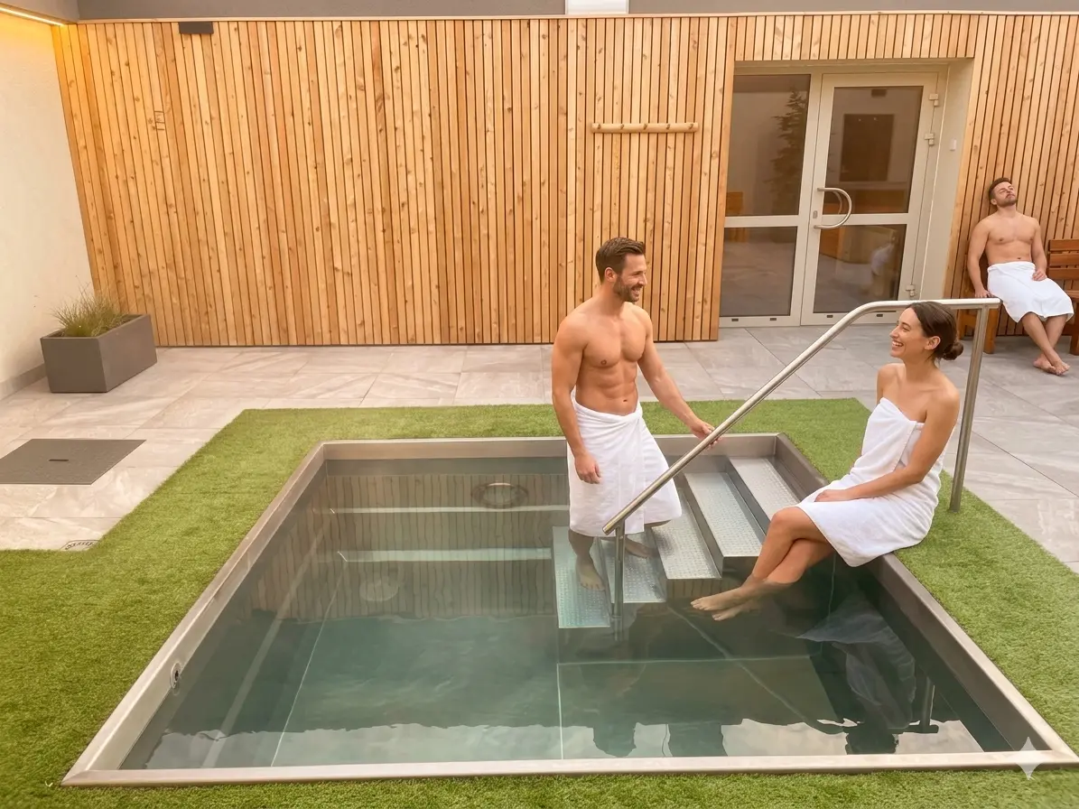 Muž a žena v bazénu uvnitř wellness centra.