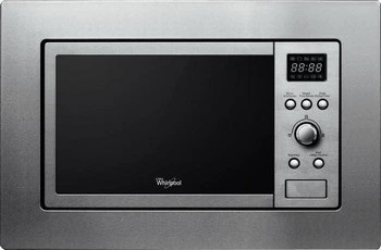 Nerezová vestavná mikrovlnná trouba značky Whirlpool s ovládáním.