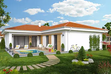 Modernní bílý bungalov ve tvaru L s bazénem a zahradou.
