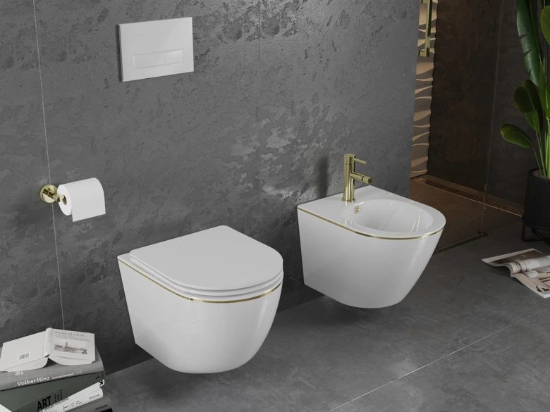 Zobrazuje bílý nástěnný bidet vedle záchodové mísy v koupelně.