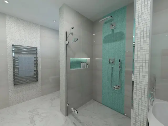 Moderní koupelna s sprchou v modrých dlaždicích
