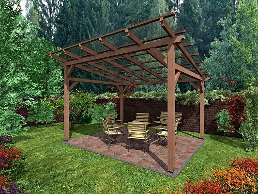 Moderní dřevěná pergola s židlemi na zahradním pozemku.
