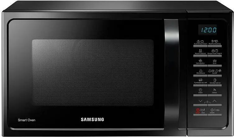 Černá vestavná mikrovlnná trouba značky Samsung.