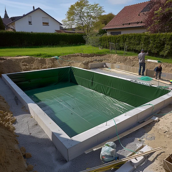 Stavba bazénu: betonová základna s zelenou hydroizolací.