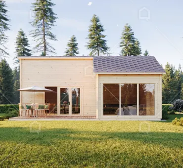 Moderní dřevěná chata s velkými okny uprostřed zelené trávníkové zahrady.