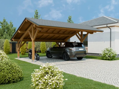 Moderní dřevěný přístřešek pro auto s tmavým autem.