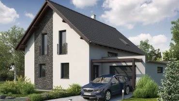 Moderní dům s garáží pro automobil na pozadí zeleně.