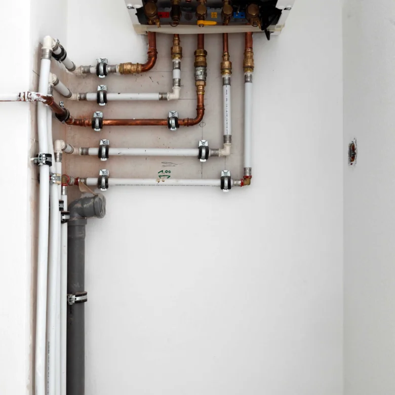 Kupřímové a plastové potrubí s ventilátory pro vytápění domu.