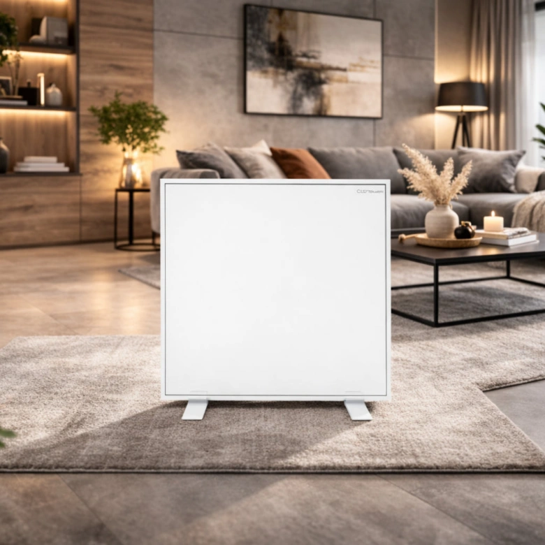 Bílý infračervený topný panel v interiéru obýváku.