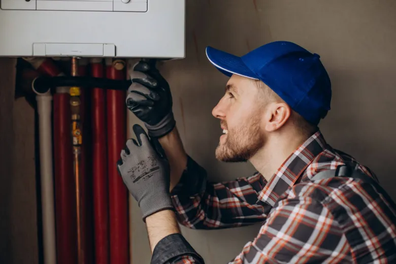 Montáž topení: instalace kotle s červenými potrubími.