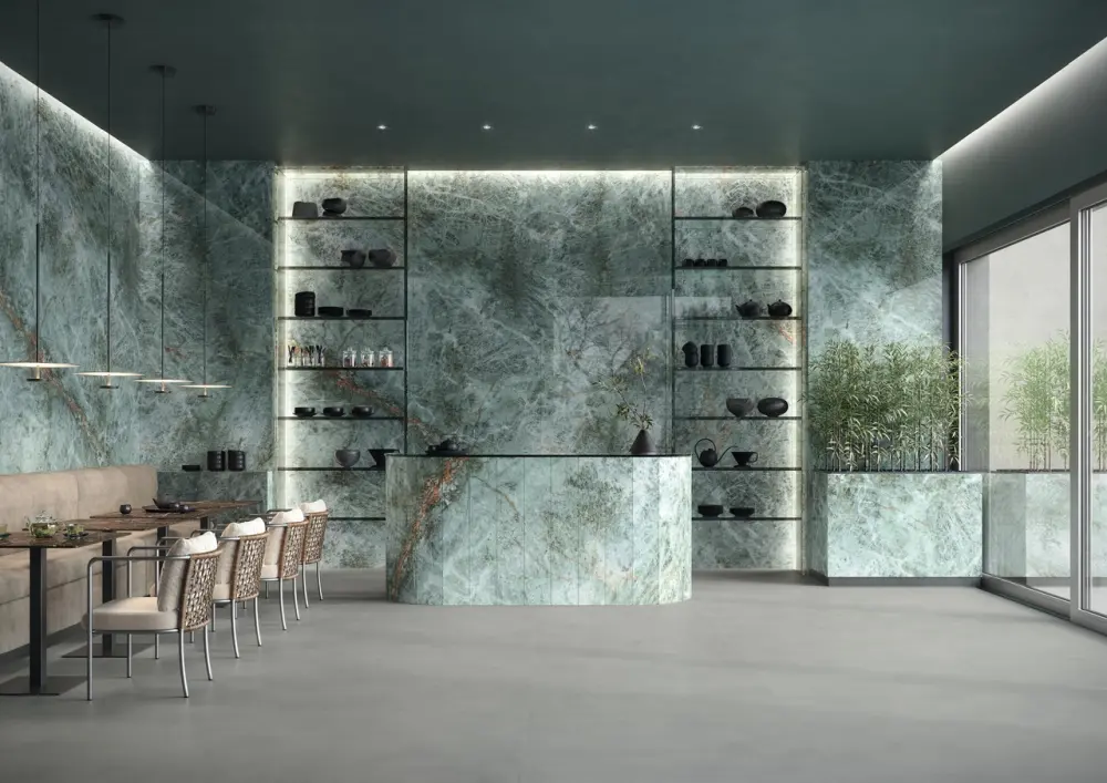Modern kitchen interior with marble cladding