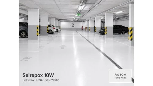 Bílá epoxidová podlaha v parkovišti s označením RAL 9016.