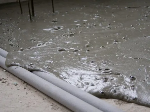Čerstvý beton se rozlévá po podlaze vedle dvou bílých trubek.
