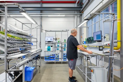 Pracovník sestavuje elektrorozvaděč na výrobní lince v továrně s organizovaným zařízením.