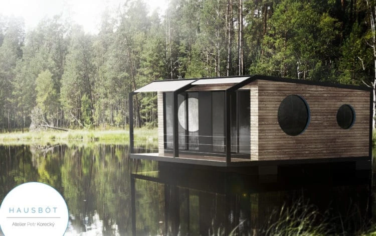 Moderní dřevěná plavoucí chata na vodě v lese