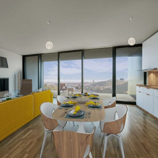 Modern apartment interior with terrace view
