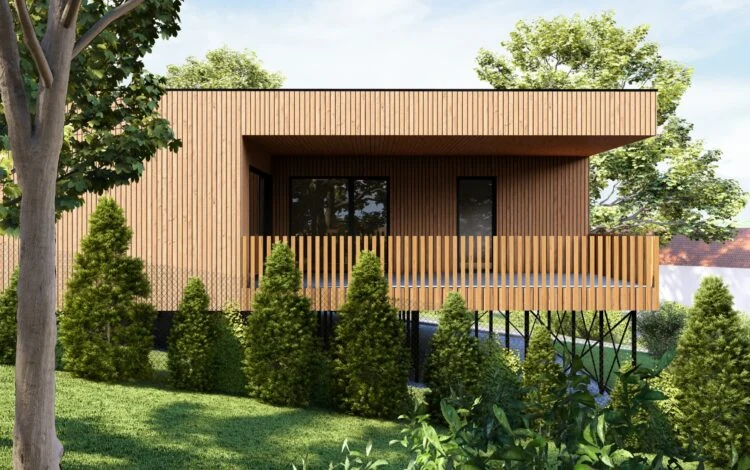 Moderní dřevostavba na sloupech v zeleném prostředí